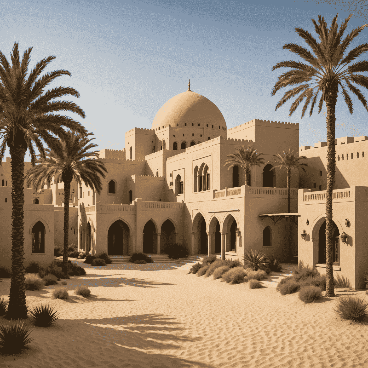 A panoramic view of an opulent village in the UAE, showcasing modern architecture blended with traditional Arabian design elements, surrounded by lush palm trees and golden sand dunes