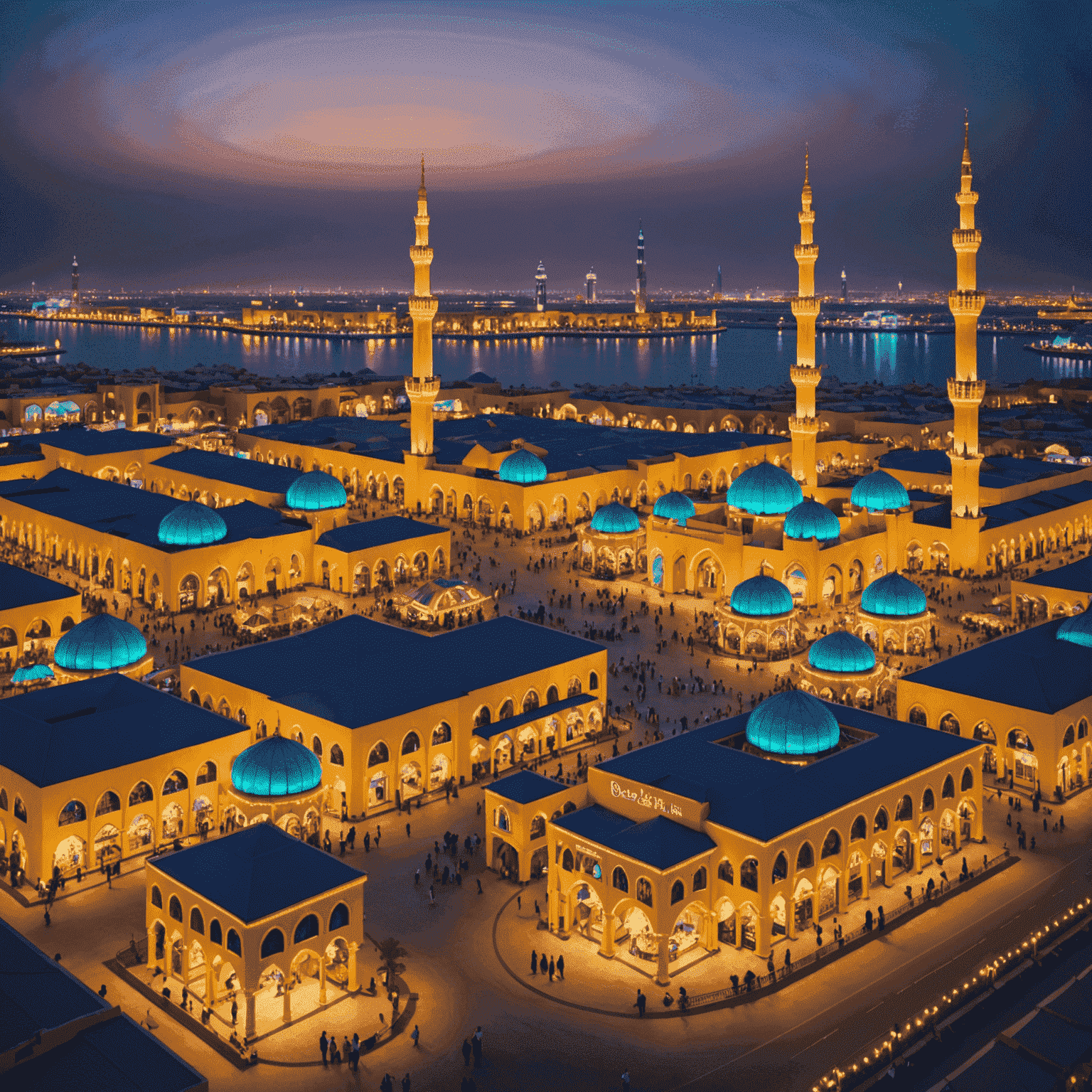 A vibrant night scene of Global Village Dubai, showcasing colorful pavilions, twinkling lights, and diverse cultural performances