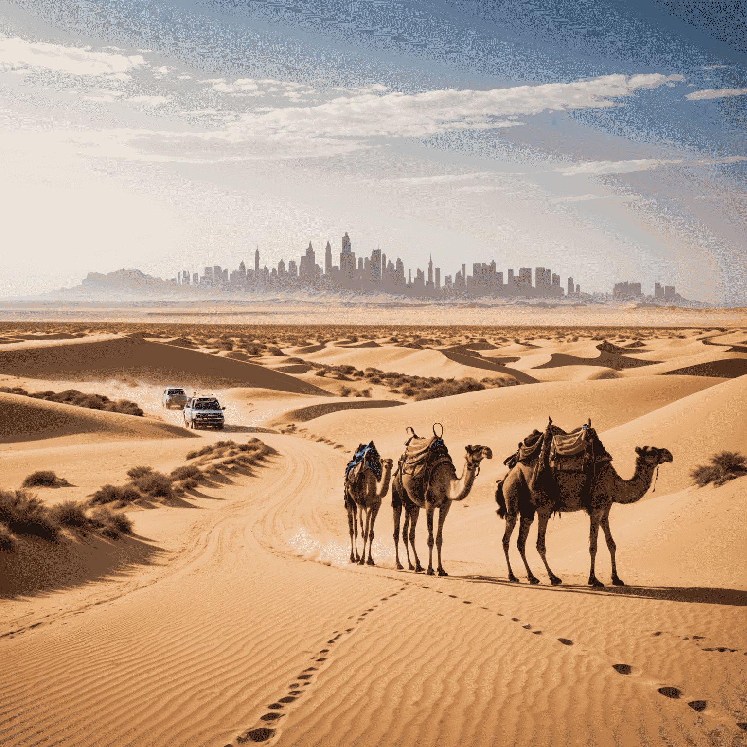 Scenic view of a desert safari route with camels and sand dunes, alongside a coastal drive showing pristine beaches and modern skyline