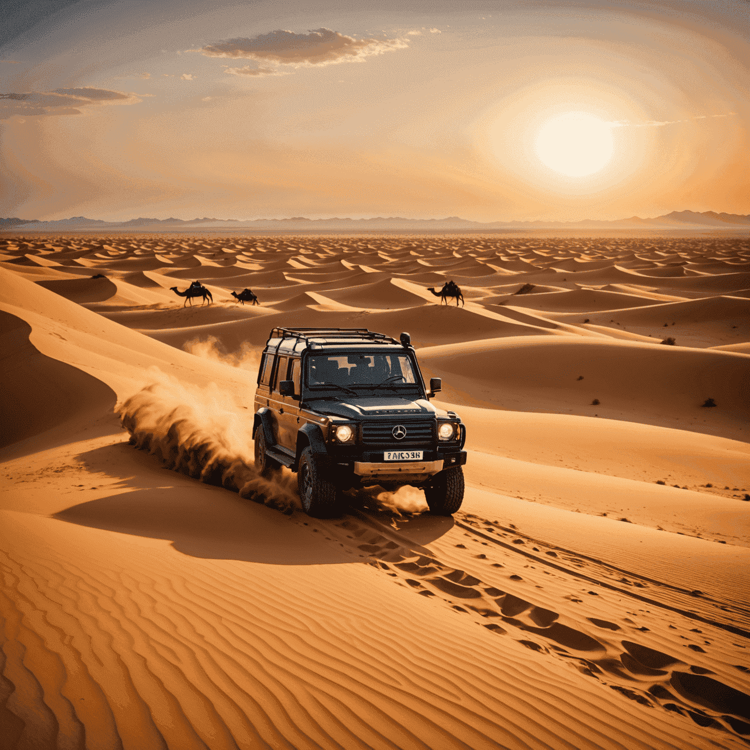 Luxury 4x4 vehicles traversing golden sand dunes during a sunset desert safari, with camels in the background