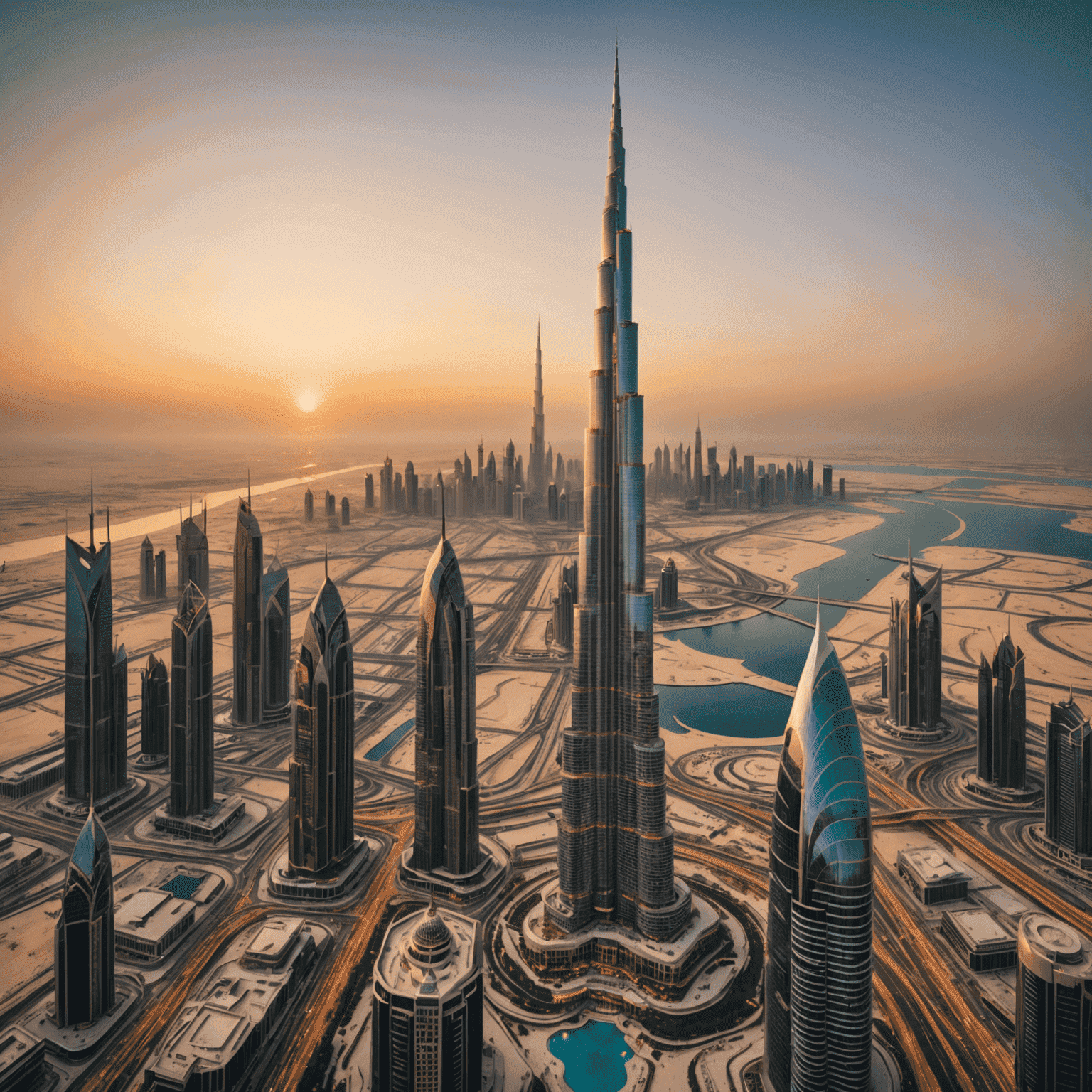 The majestic Burj Khalifa towering over Dubai's skyline at sunset, its sleek design reflecting golden light