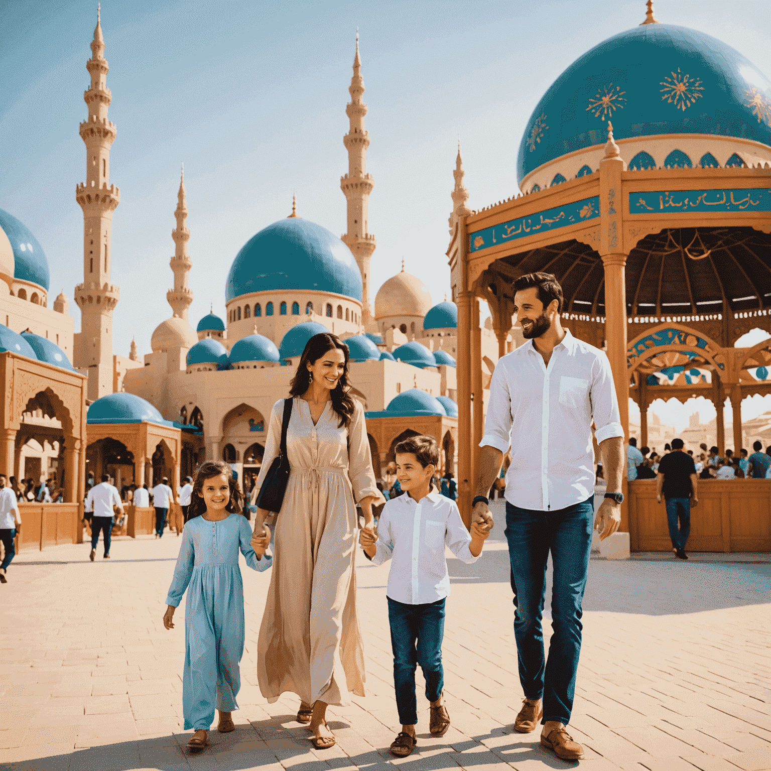 A family enjoying the Global Village in Dubai, with colorful pavilions and attractions in the background