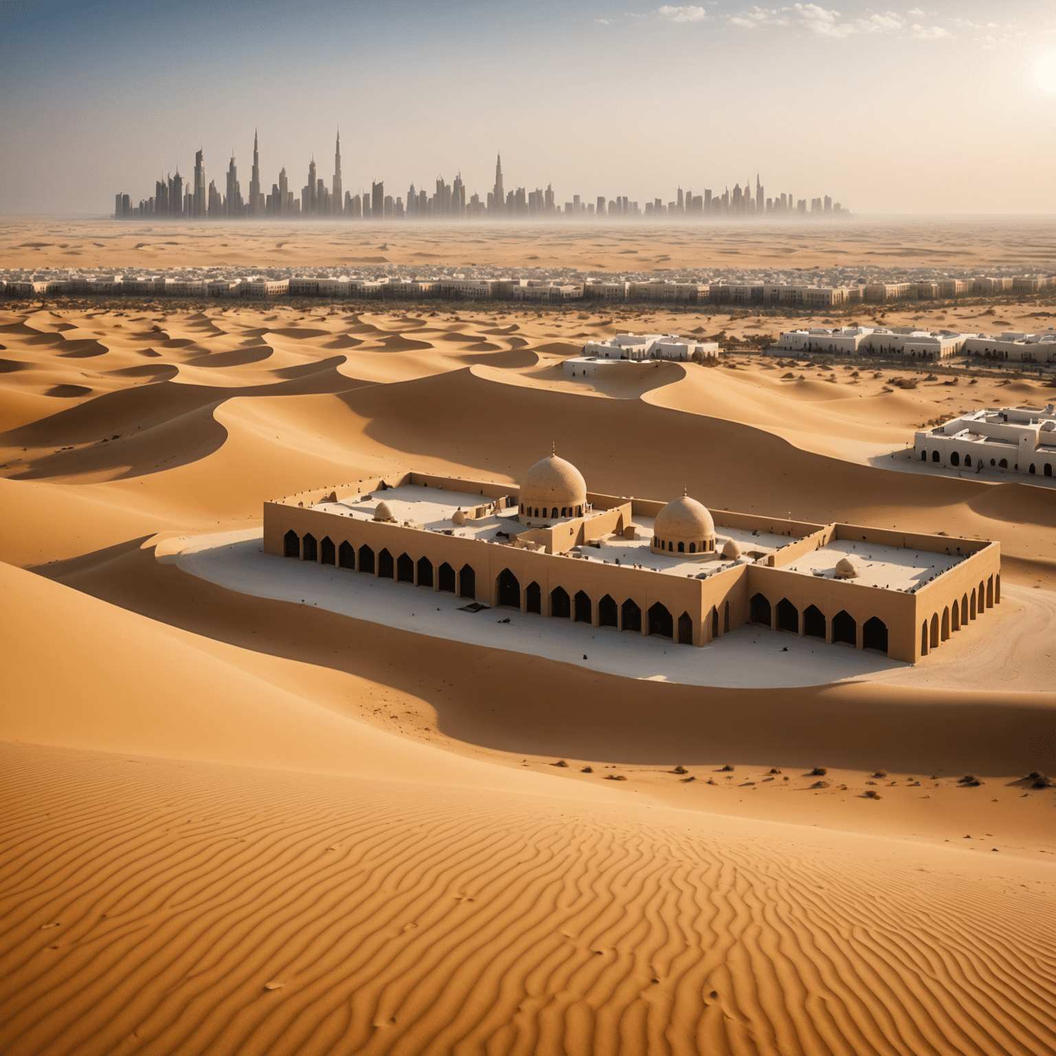 Panoramic view of traditional Emirati architecture with golden dunes in the background, showcasing the blend of modernity and tradition in the UAE