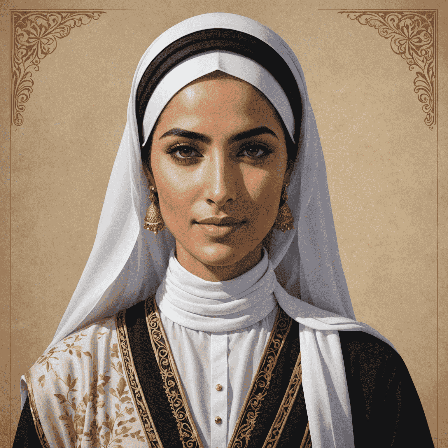 Portrait of Sarah Al Mansouri, a sophisticated Emirati woman in her 30s wearing traditional clothing with modern touches, exuding warmth and expertise