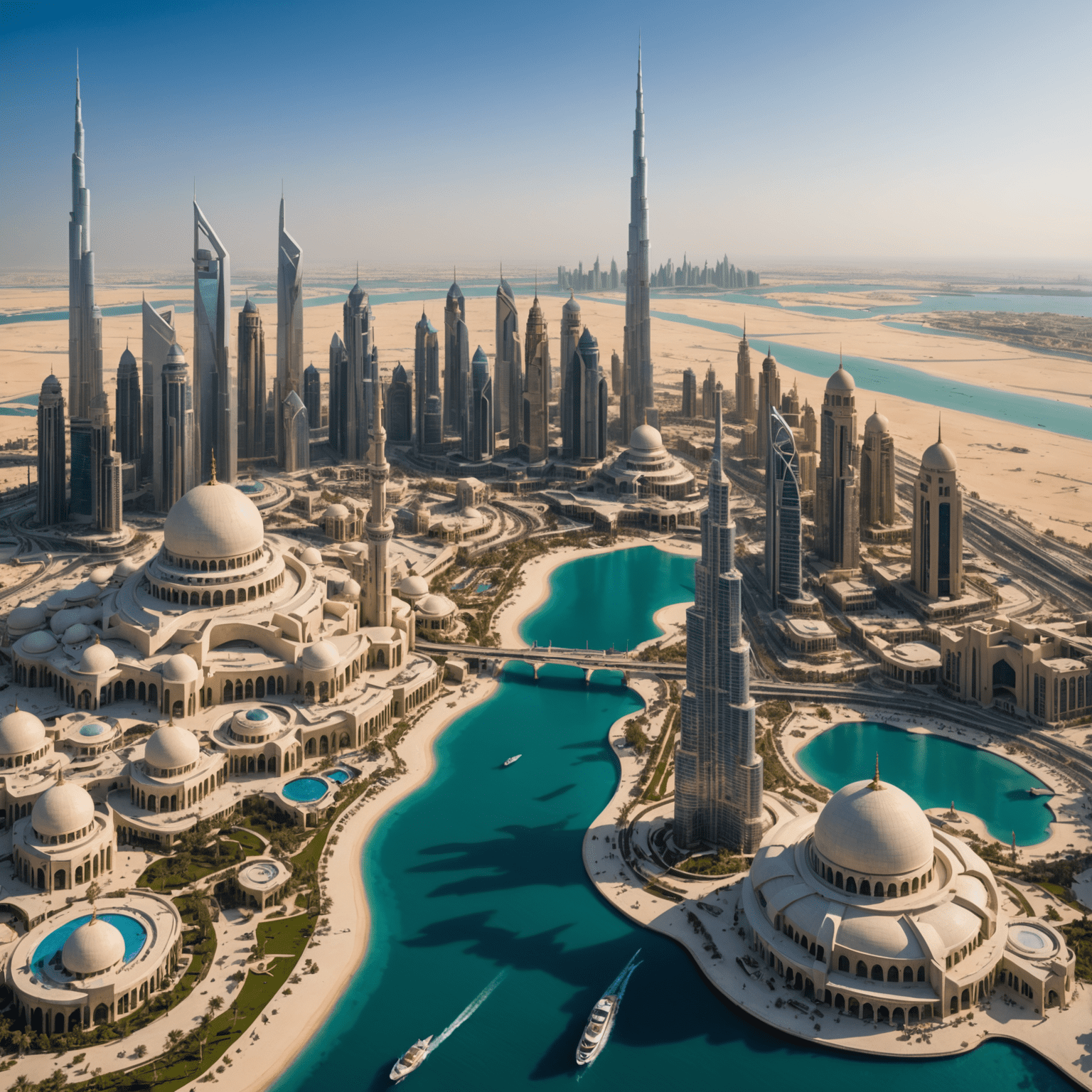 A panoramic view of iconic UAE landmarks, including the Burj Khalifa, Sheikh Zayed Mosque, and Palm Jumeirah