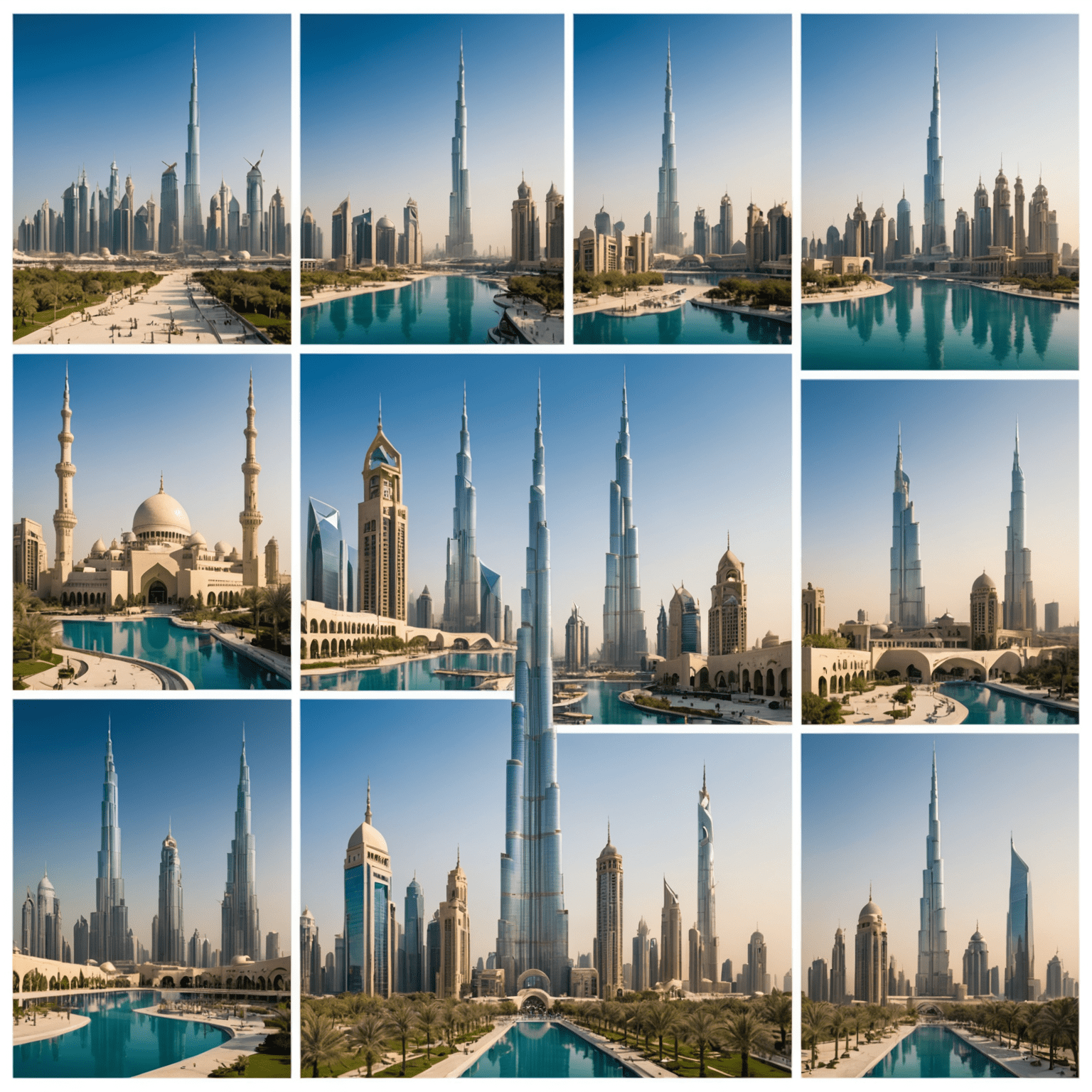 Collage of iconic UAE landmarks including the Burj Khalifa, Sheikh Zayed Mosque, and Dubai Frame