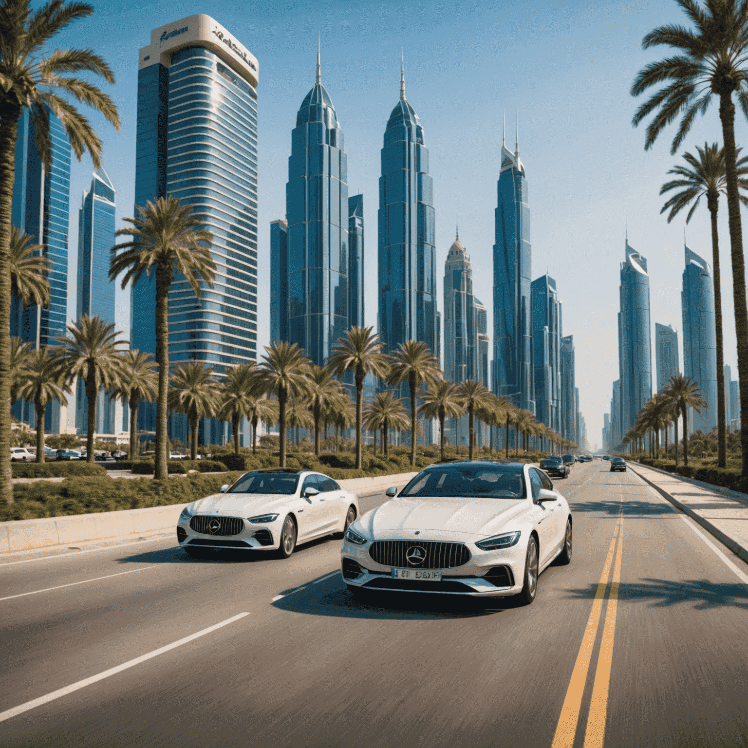 Luxurious cars driving along a palm-lined coastal road with modern skyscrapers on one side and the azure Arabian Gulf on the other