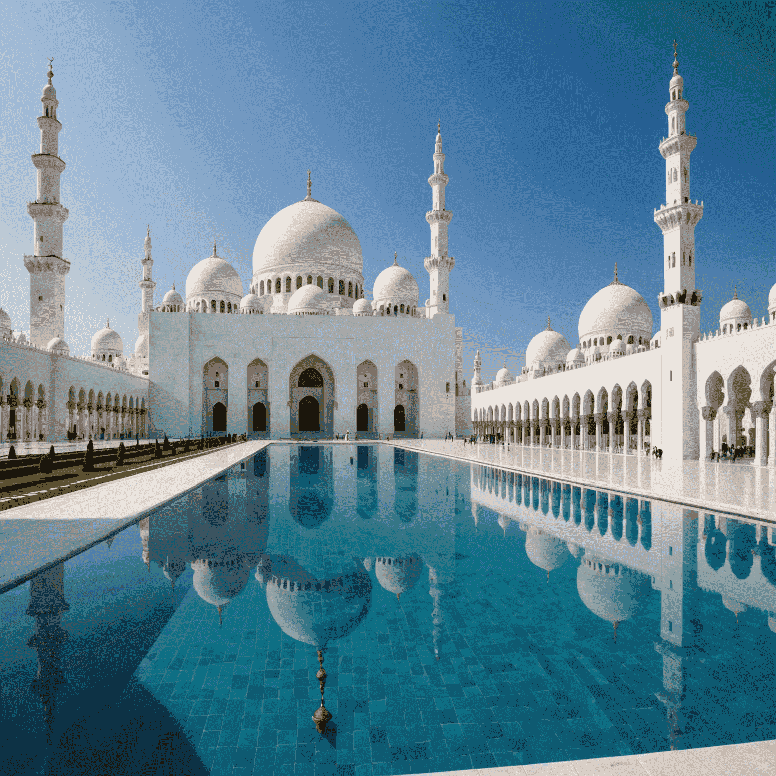 The pristine white domes and minarets of Sheikh Zayed Grand Mosque against a clear blue sky, with reflective pools in the foreground