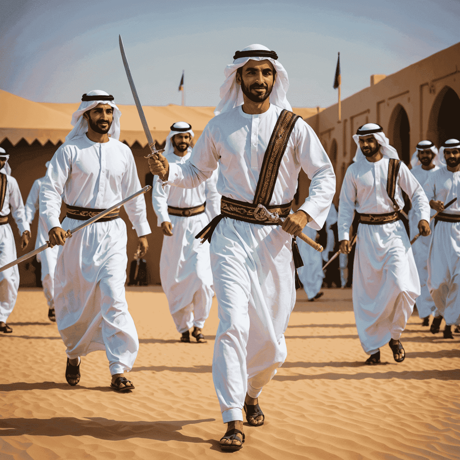 Emirati men performing a traditional dance with swords in colorful national dress