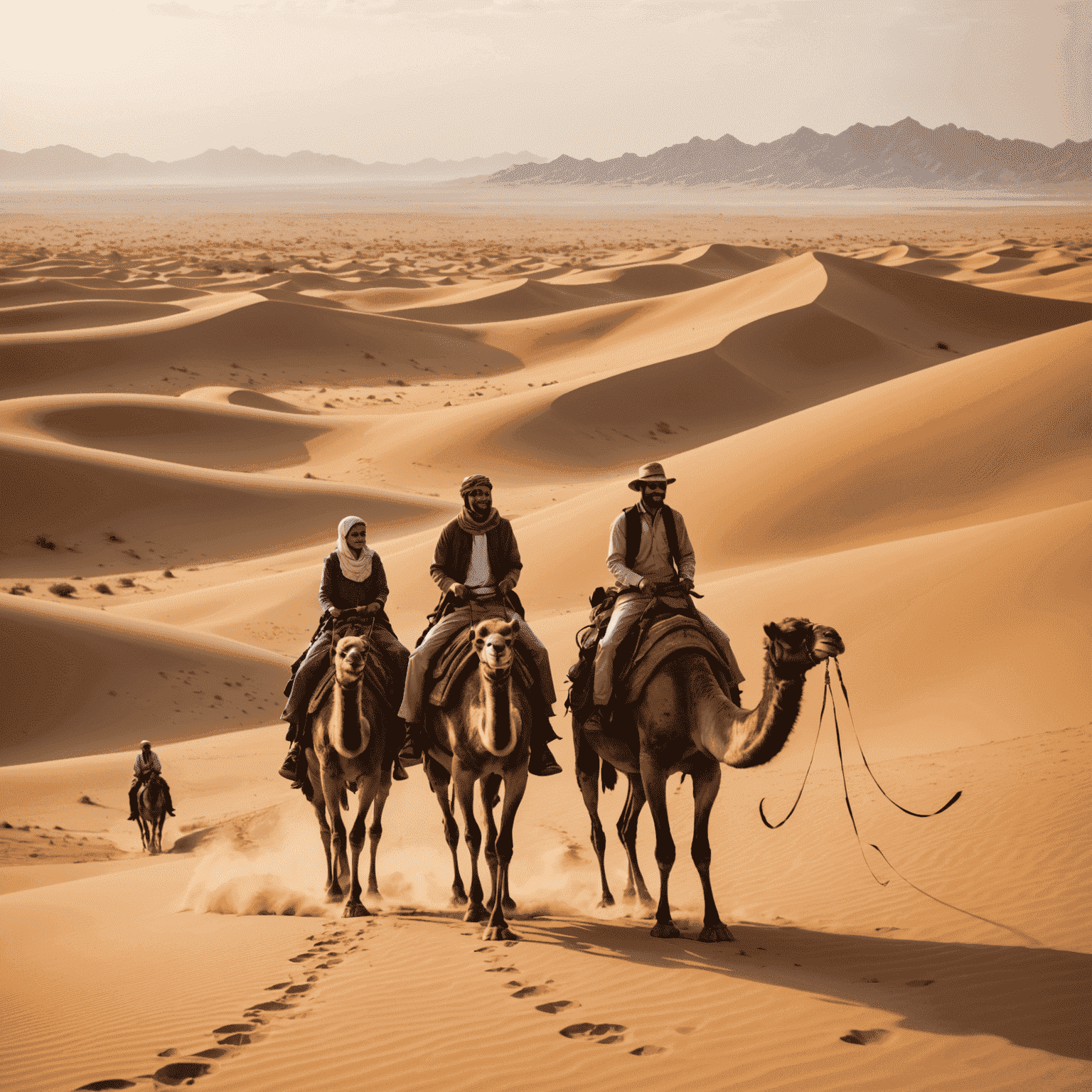 A happy family enjoying a desert safari experience, riding camels and sandboarding against a backdrop of golden dunes