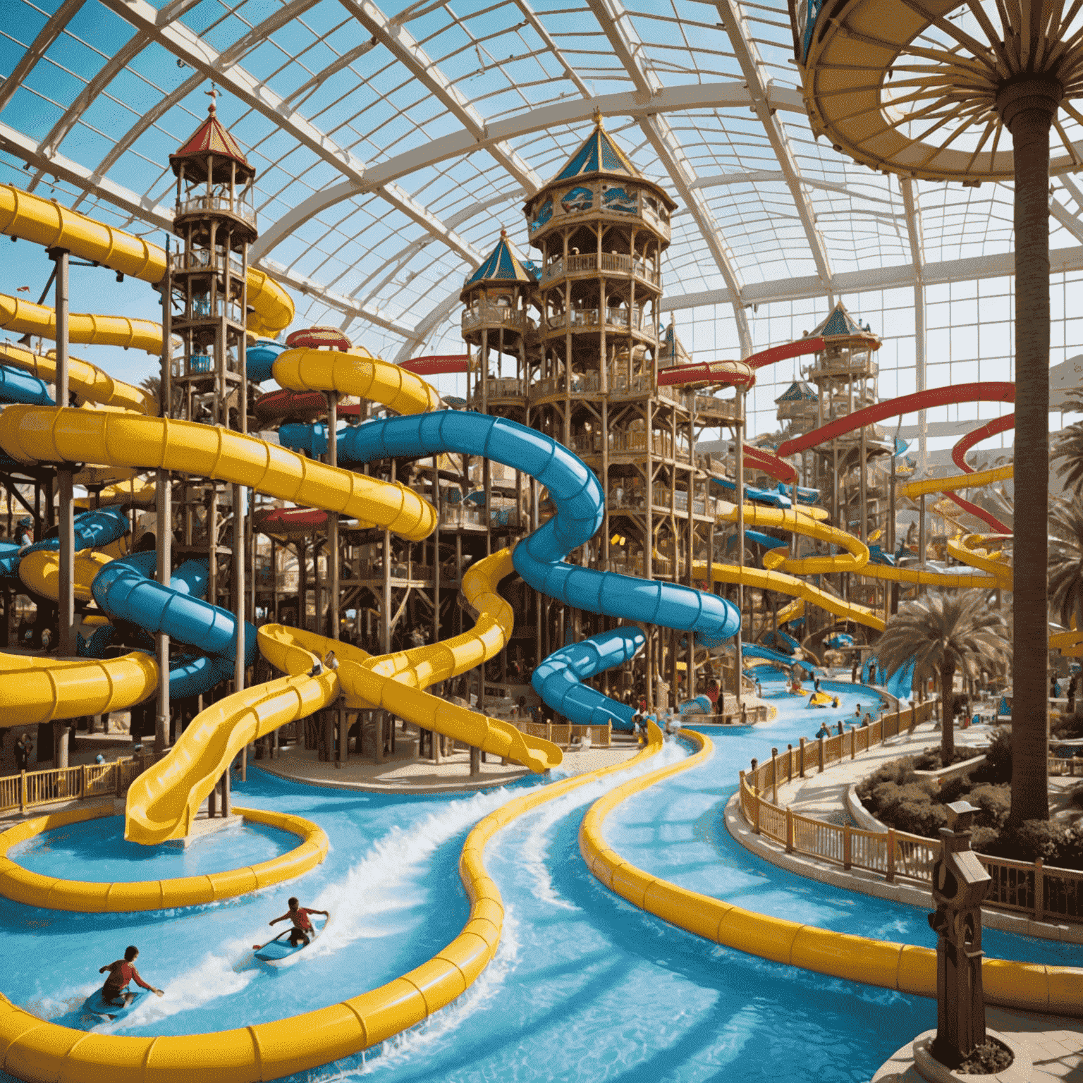 Montage of family-friendly attractions in UAE, featuring a water park, indoor ski resort, and a theme park with roller coasters