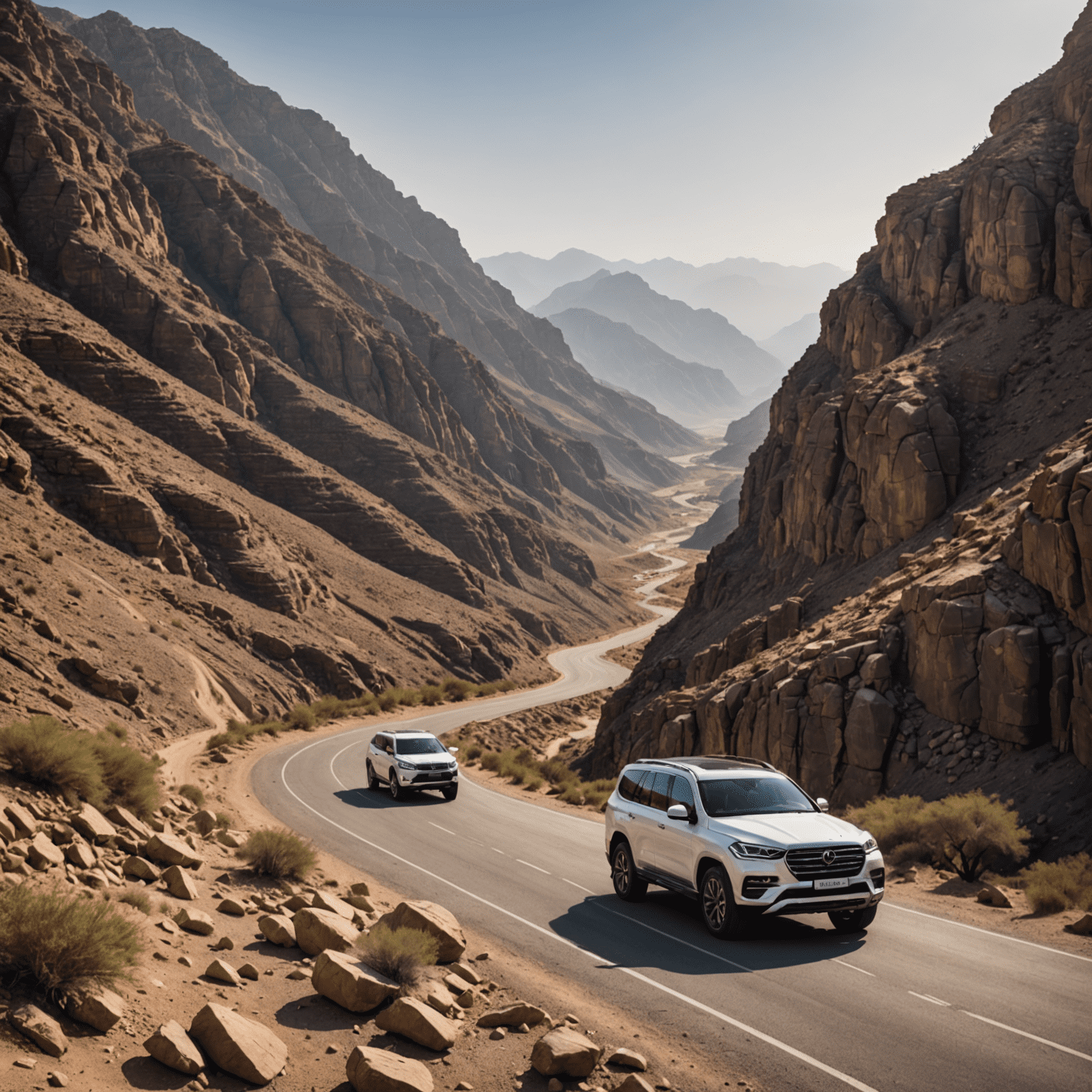 Winding road through the rugged Hajar Mountains with luxury SUVs navigating the curves, surrounded by dramatic rocky landscapes