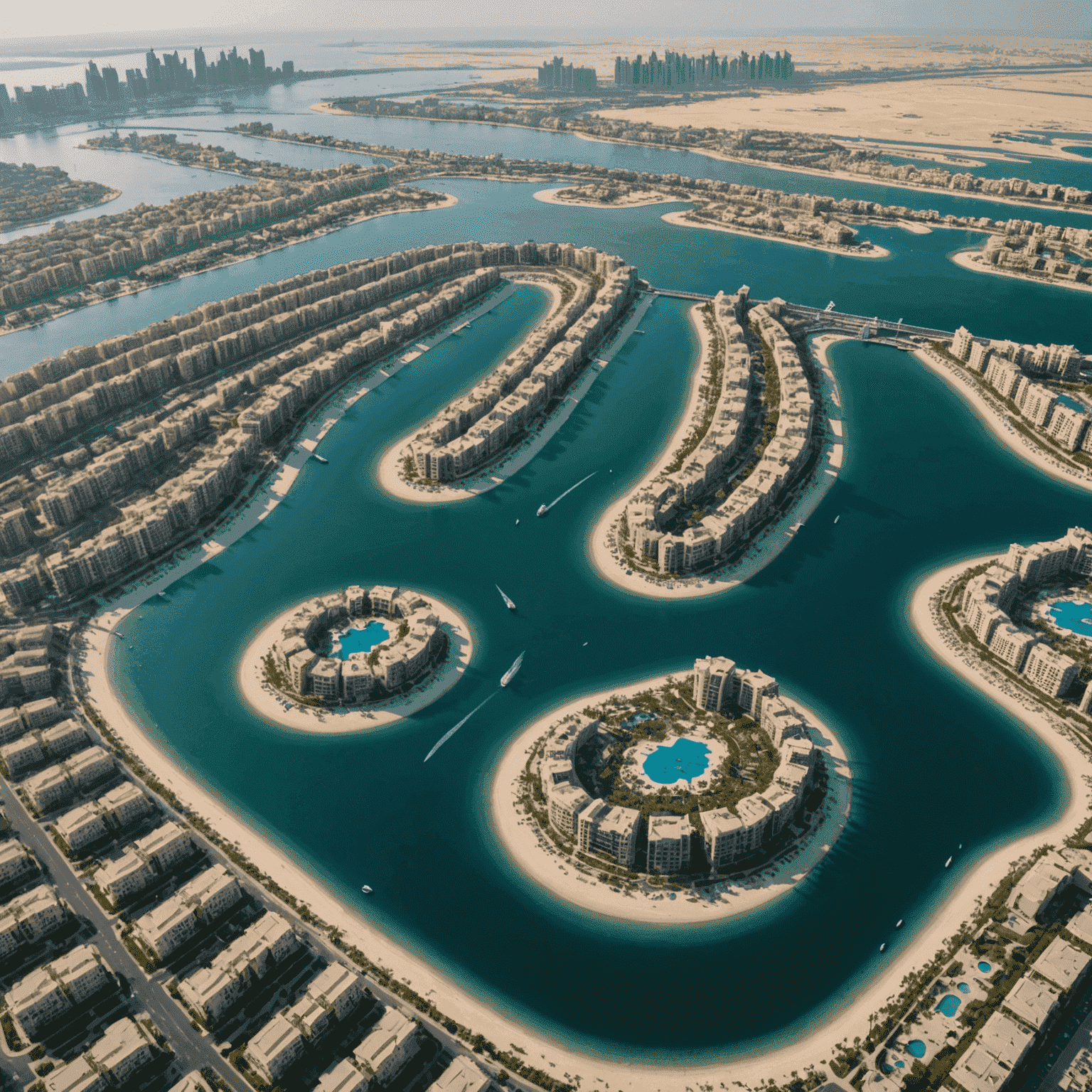 Aerial view of the Palm Jumeirah island, showcasing its palm tree shape and luxurious waterfront properties