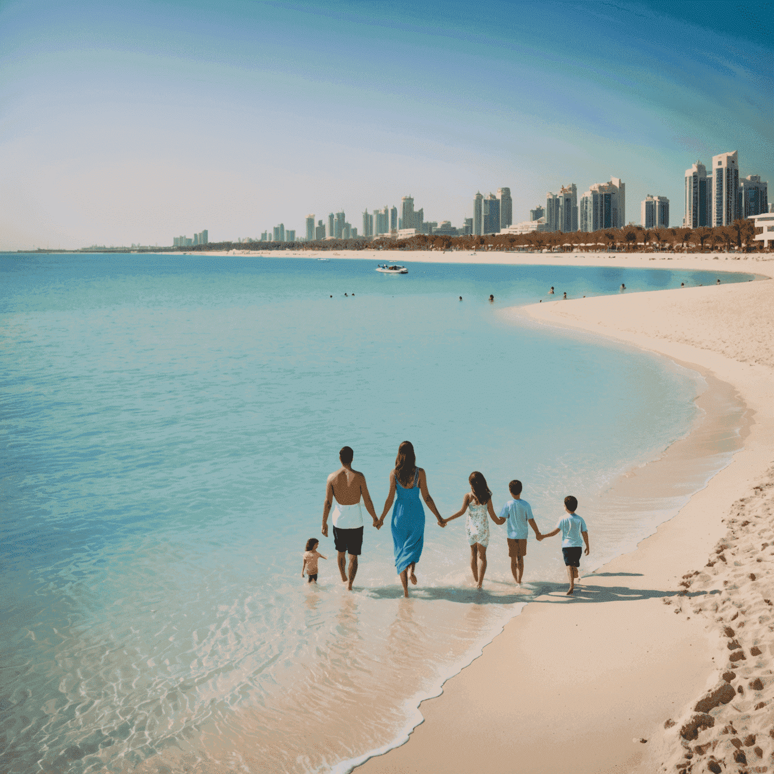 A family enjoying the beach and clear waters at Yas Beach, Abu Dhabi