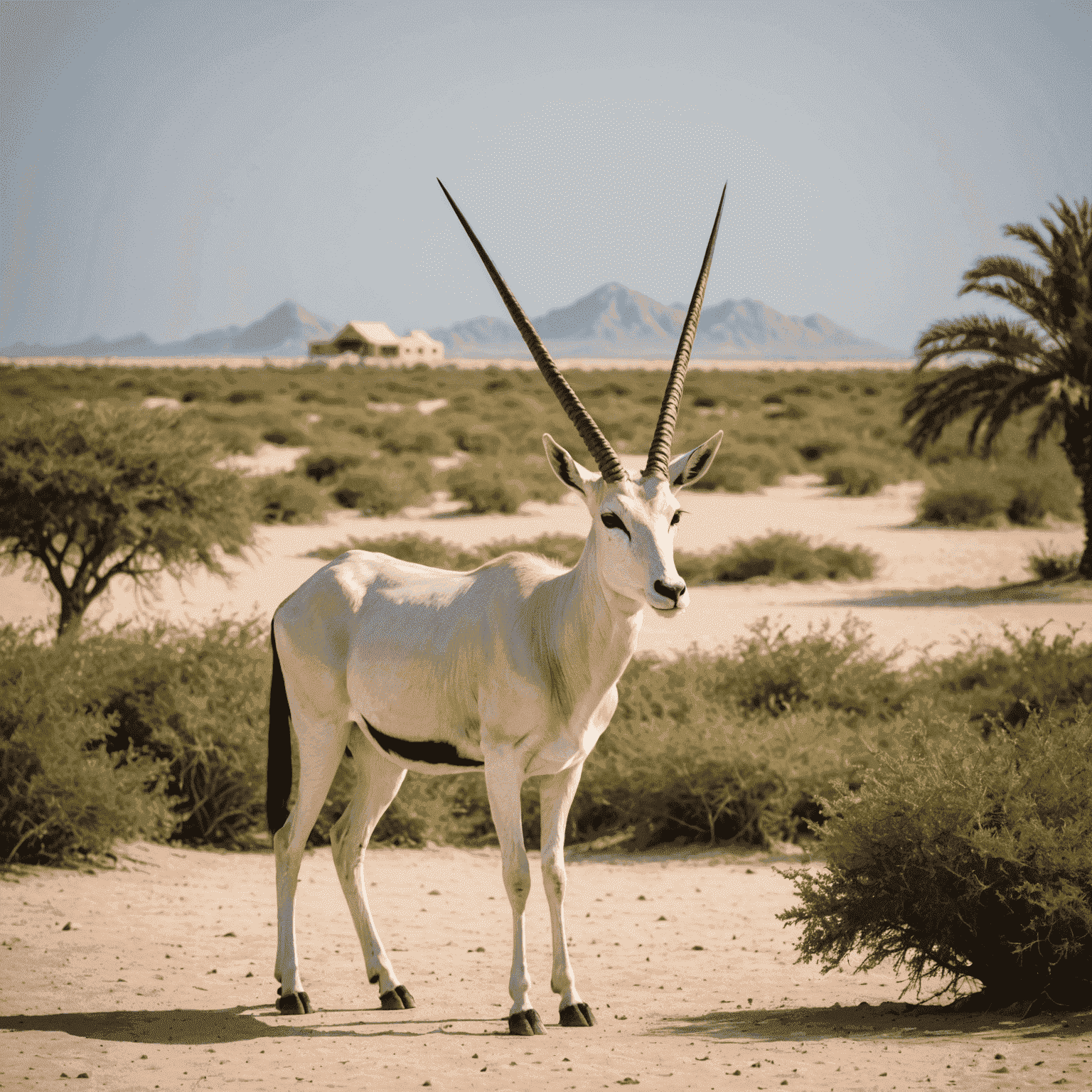 Arabian oryx roaming freely on Sir Bani Yas Island with luxury eco-resort in the background