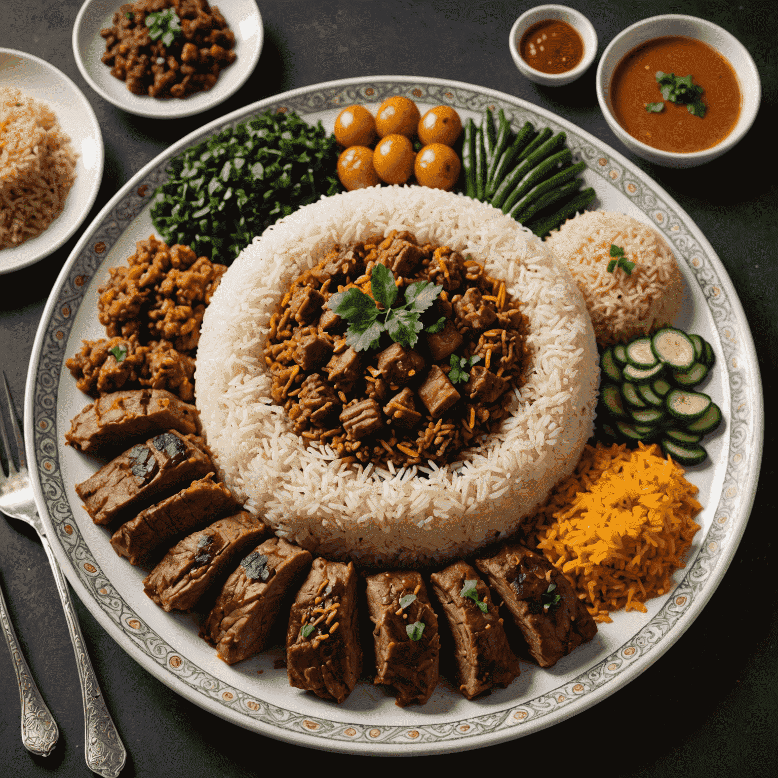 A beautifully presented plate of Machboos, a traditional Emirati rice and meat dish