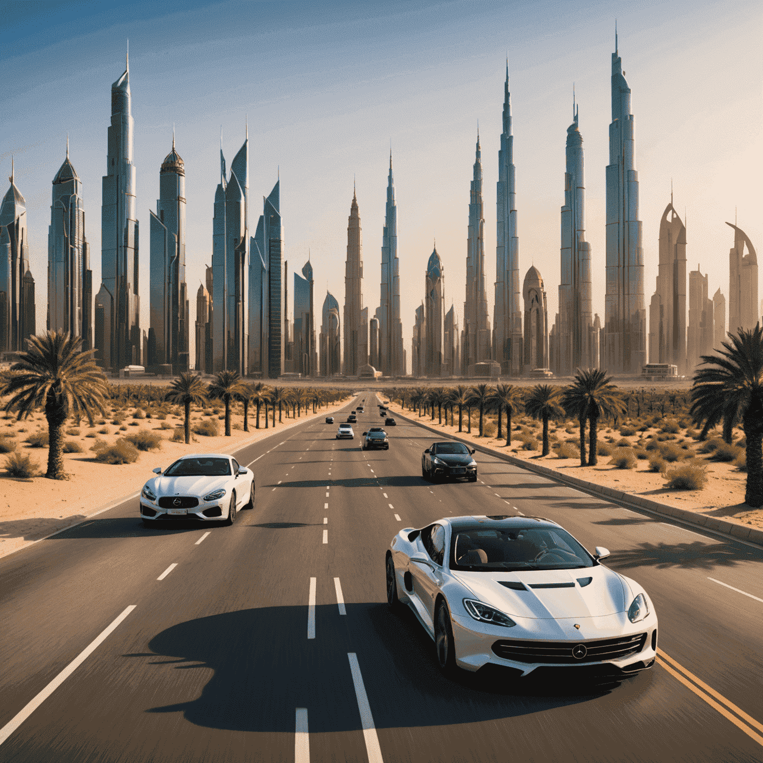 Scenic desert road with luxury cars driving towards a modern city skyline, showcasing top tourist routes in the UAE