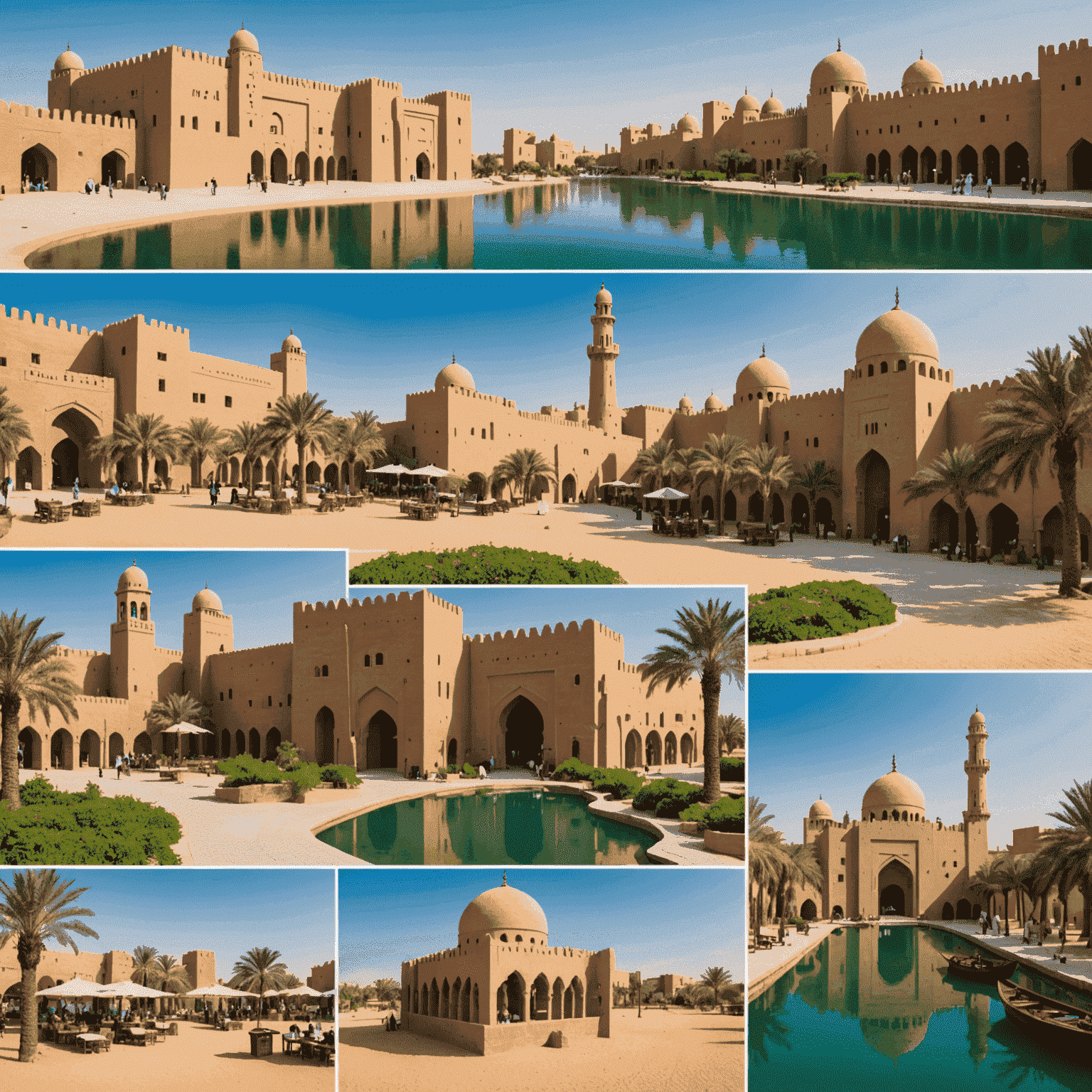 Collage of lesser-known UAE attractions including a secluded oasis, traditional market, and ancient fort