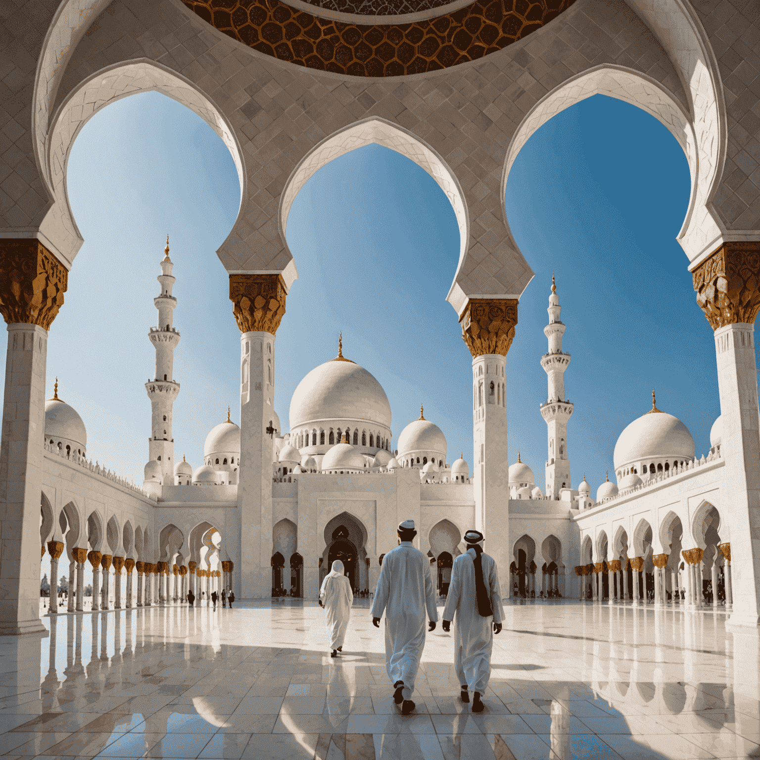 Elegant tourists exploring the grand Sheikh Zayed Mosque in Abu Dhabi, with its white domes and intricate Islamic architecture