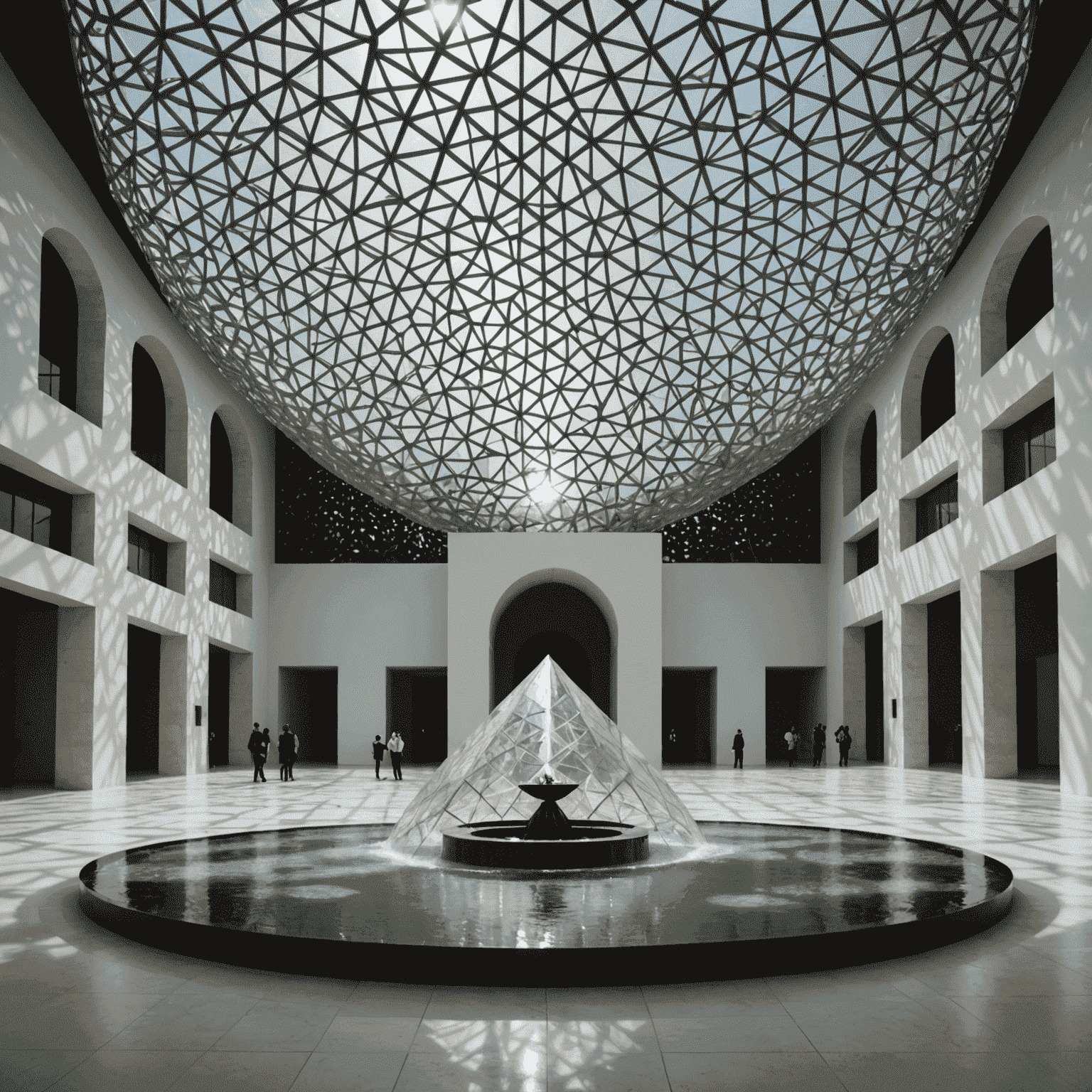 The intricate dome of Louvre Abu Dhabi creating a 'rain of light' effect, with modern art installations visible inside