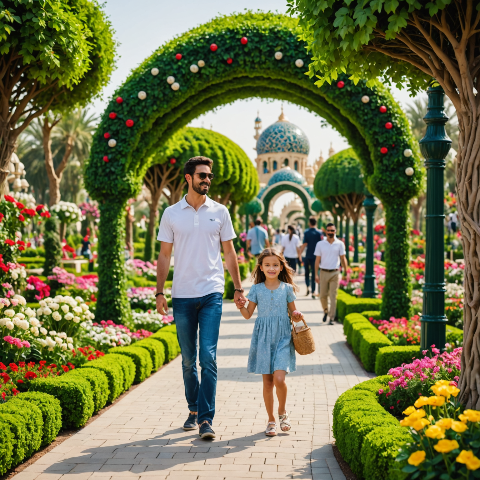 Families exploring the lush gardens and walking paths of Miracle Garden in Dubai