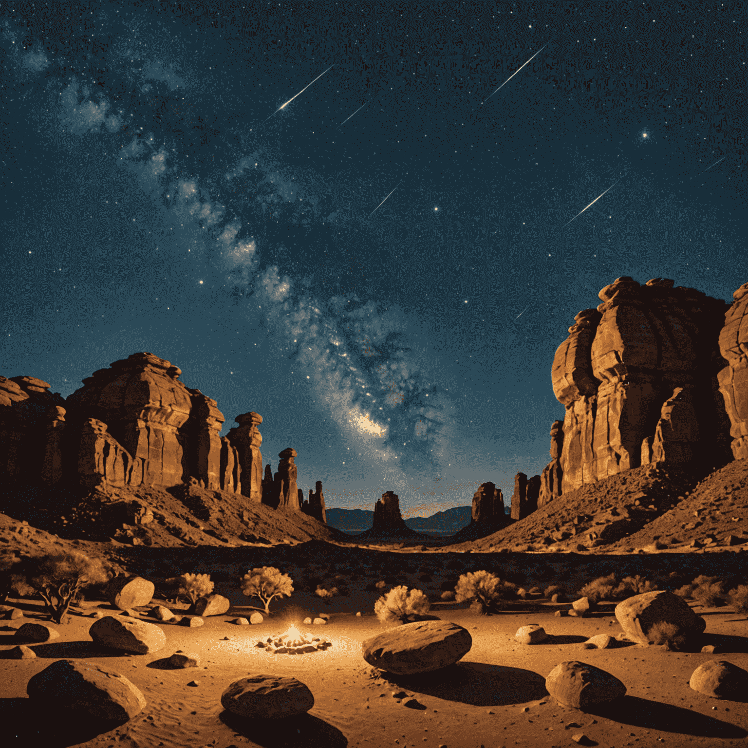 Ancient rock formations and archaeological sites at Mleiha with starry night sky