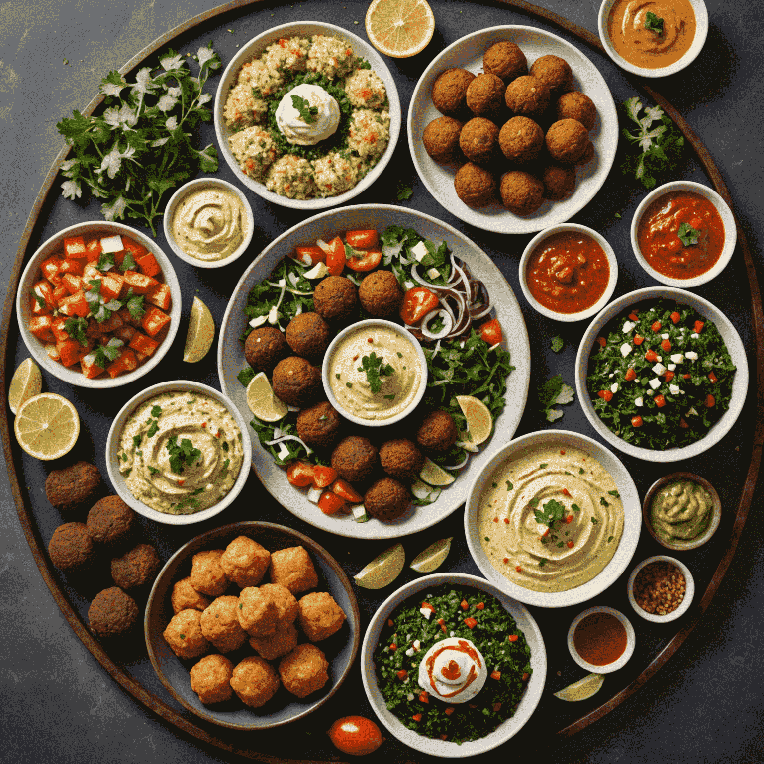 A variety of Arabic mezze including hummus, tabbouleh, and falafel