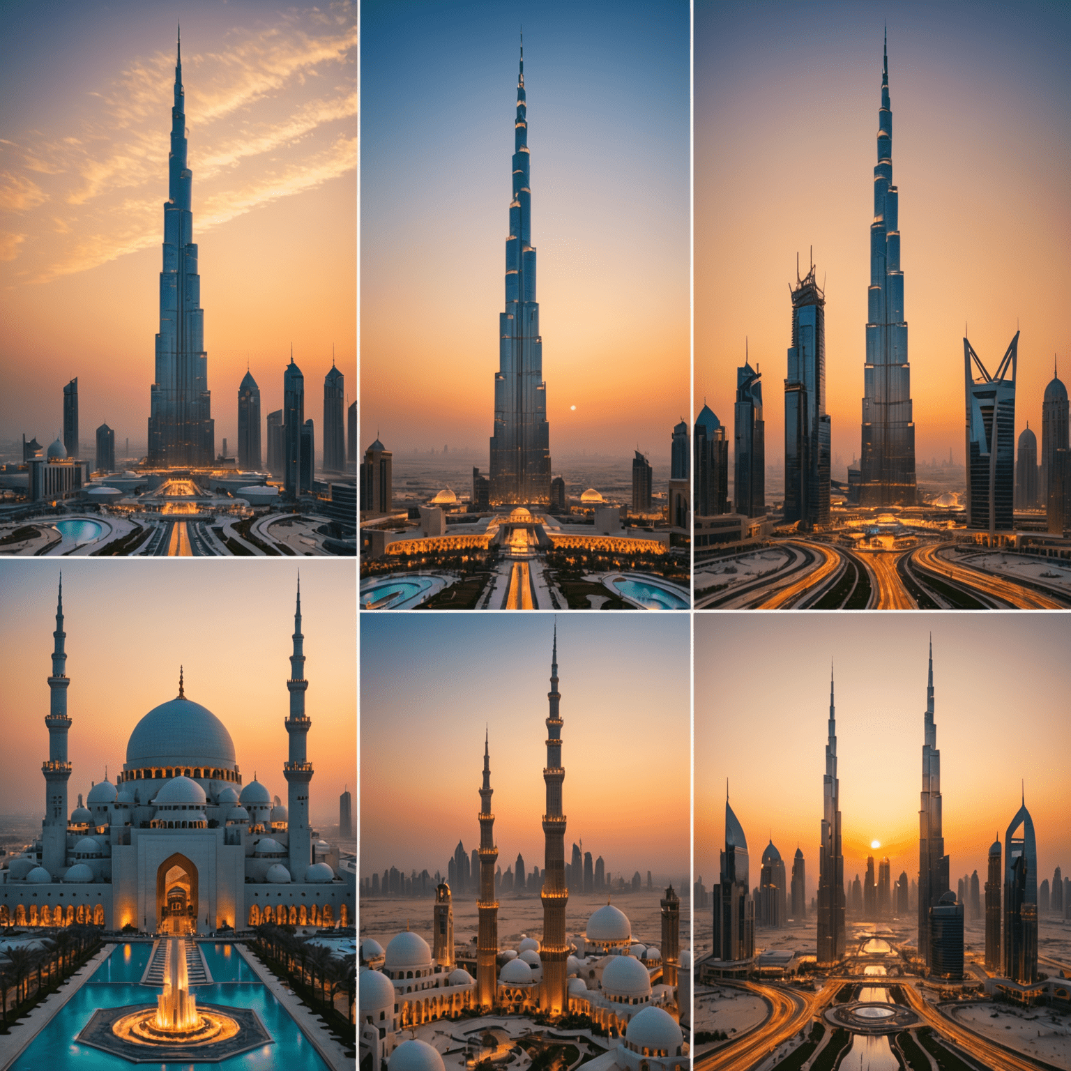 Collage of iconic UAE landmarks including Burj Khalifa, Sheikh Zayed Mosque, and Dubai Frame at sunset