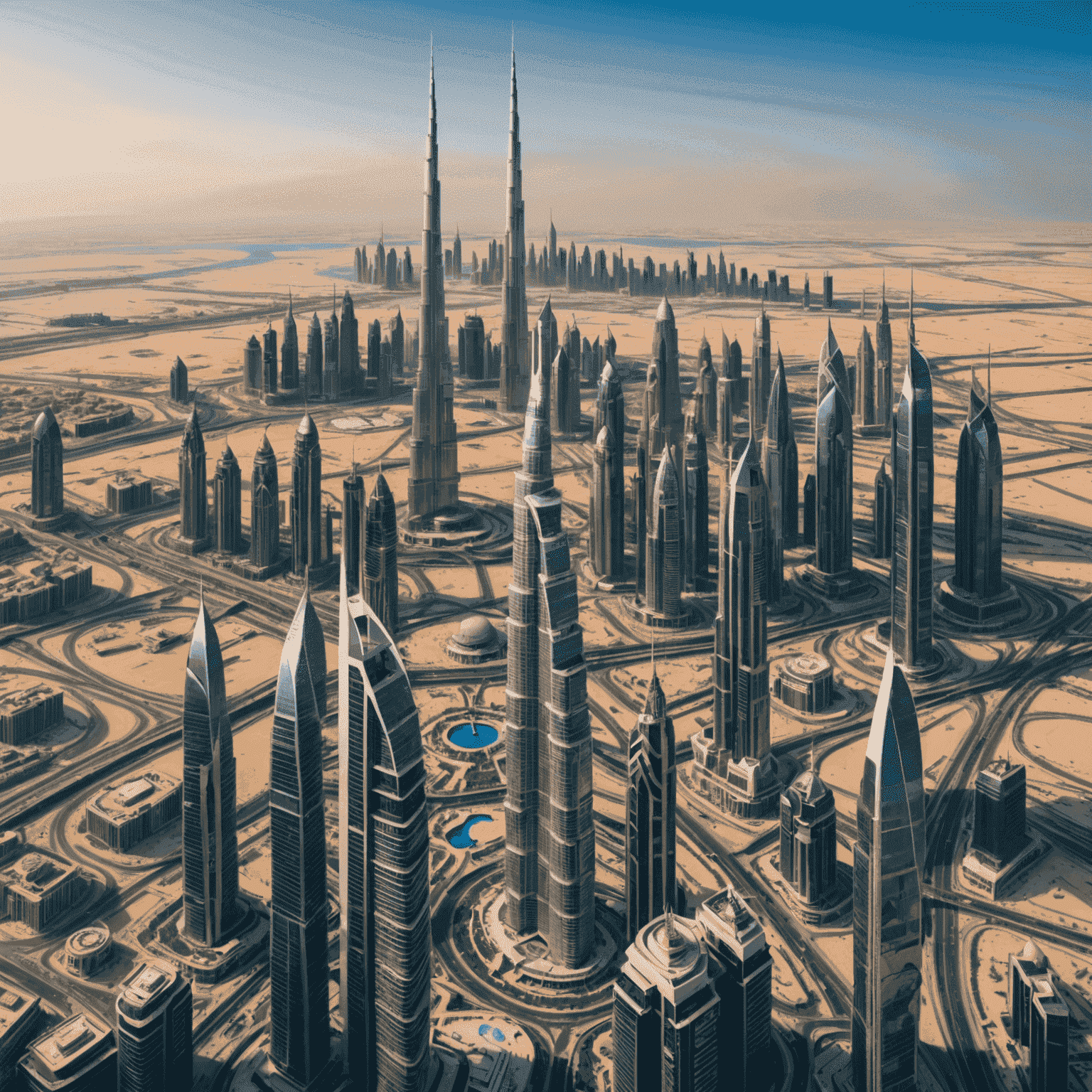 Panoramic view of Dubai's skyline featuring the Burj Khalifa, Dubai Frame, and other iconic modern architectural wonders