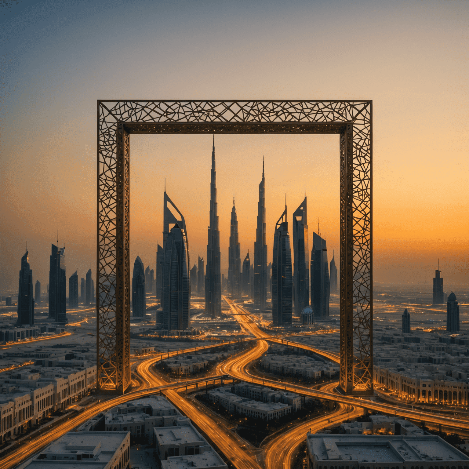 The golden Dubai Frame at dusk, with old Dubai visible on one side and the modern skyline on the other