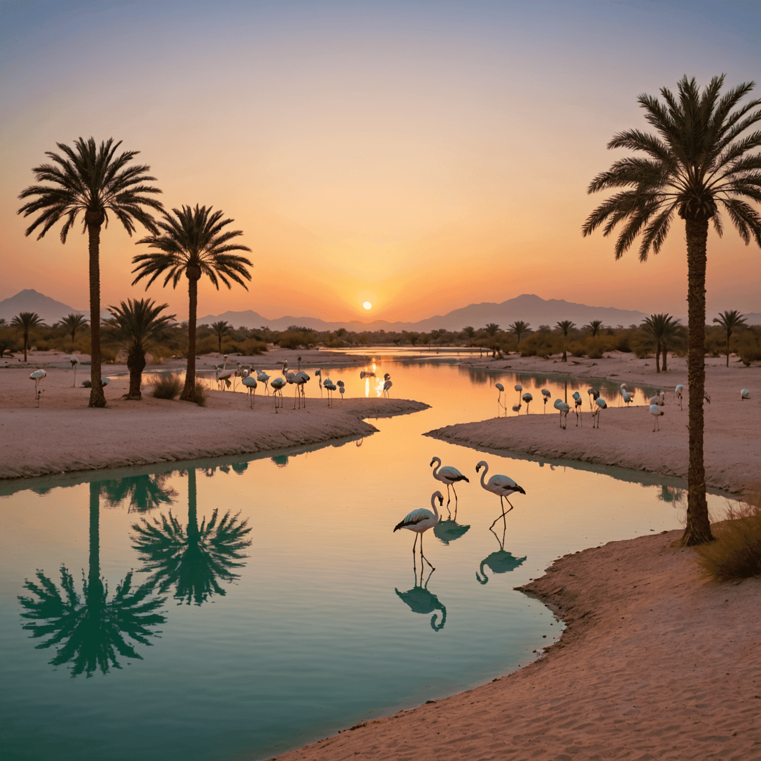 Tranquil Al Qudra Lakes at sunset with flamingos and desert landscape