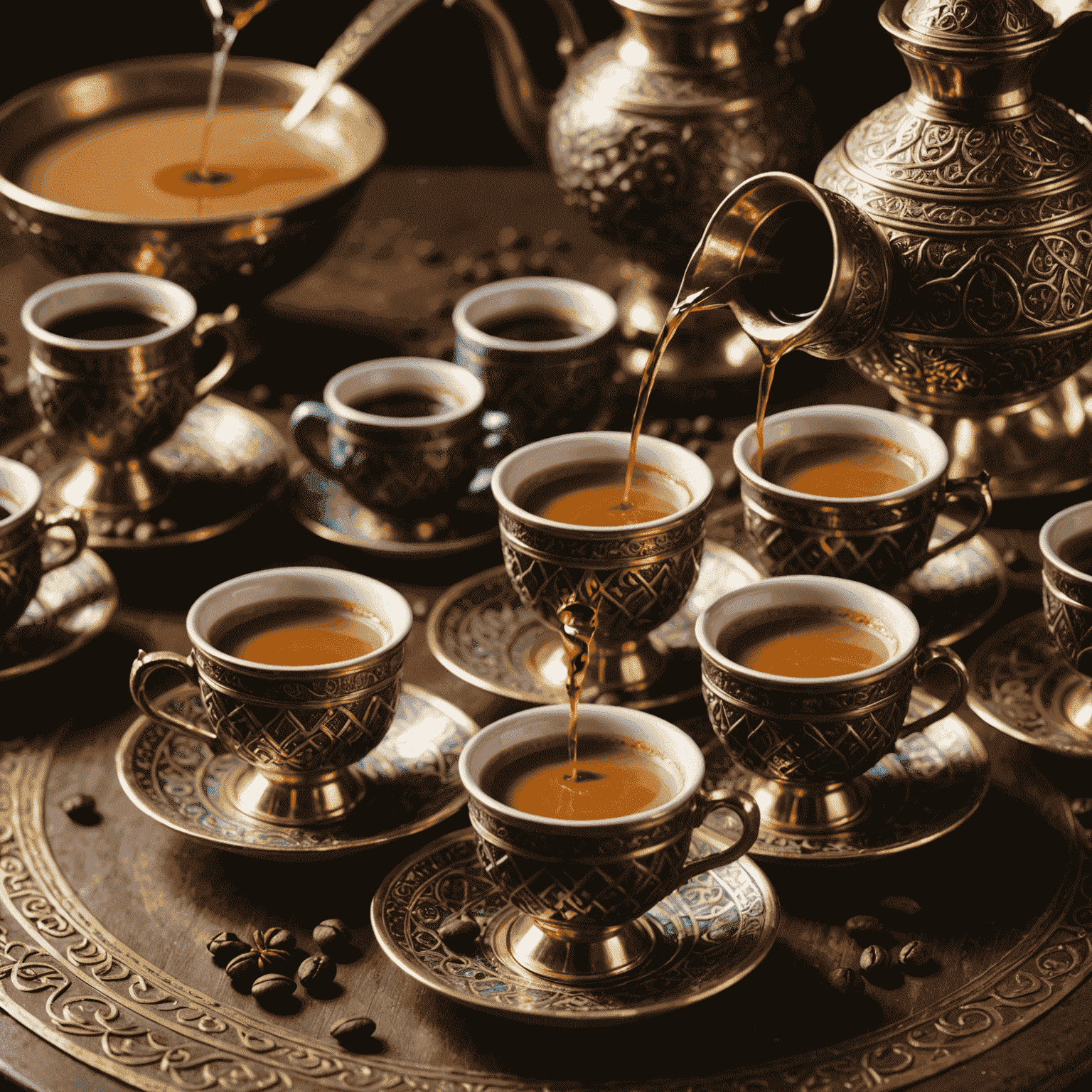 Traditional Arabic coffee being poured into small ornate cups