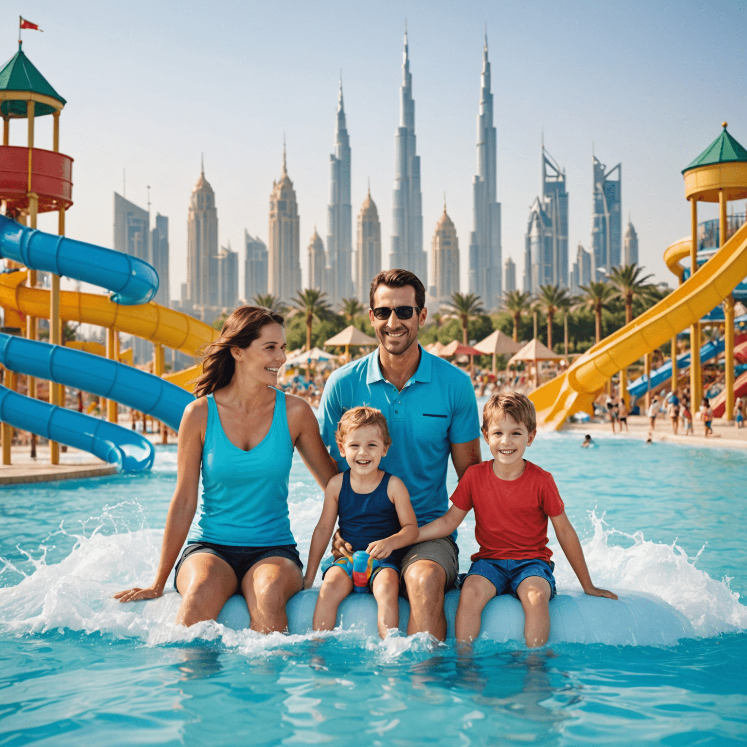 Happy family enjoying a day at a water park with UAE skyline in the background