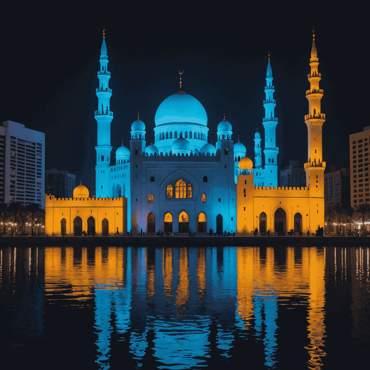 Sharjah's historic buildings illuminated with colorful light projections during the Light Festival, reflecting in the water