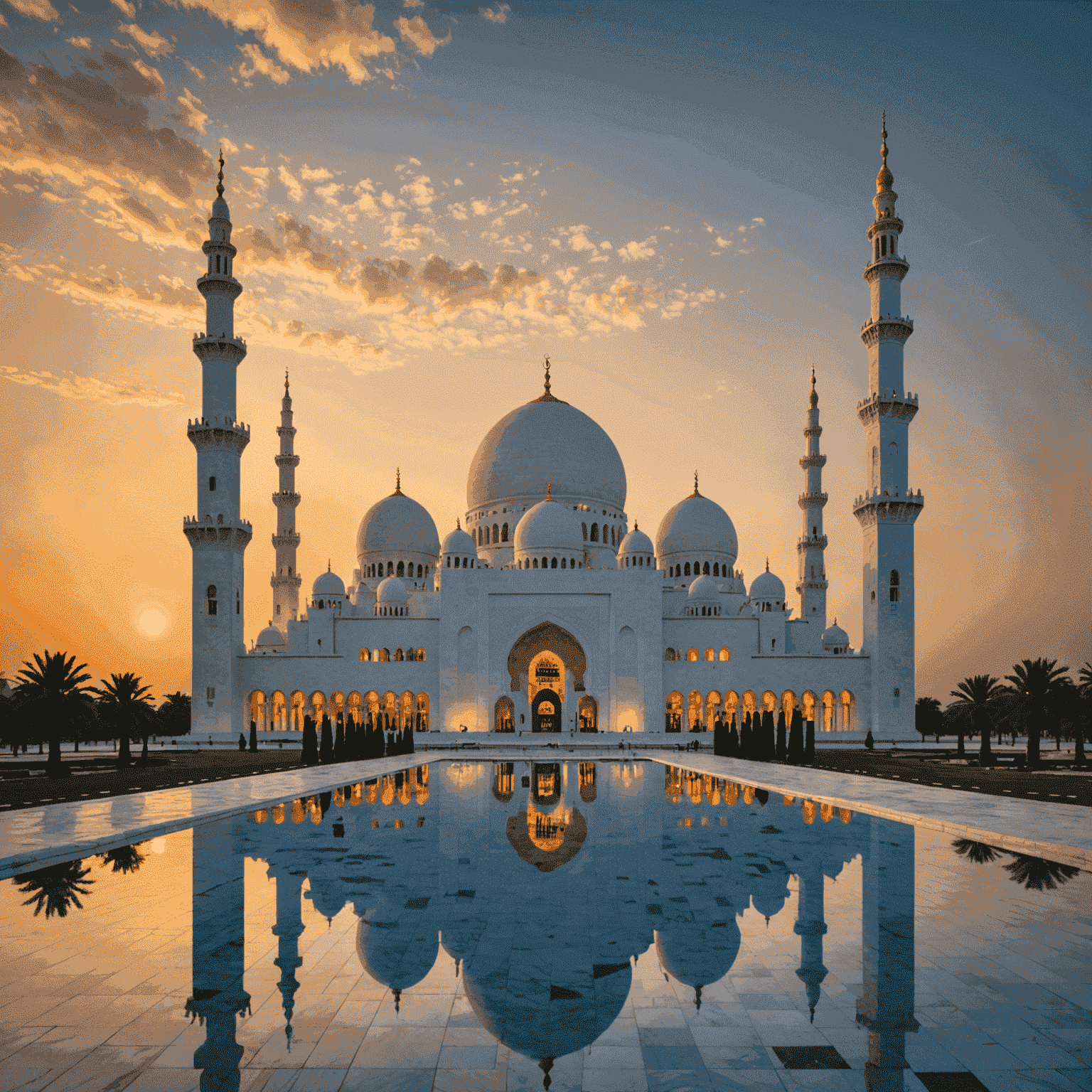 The majestic Sheikh Zayed Grand Mosque in Abu Dhabi at sunset