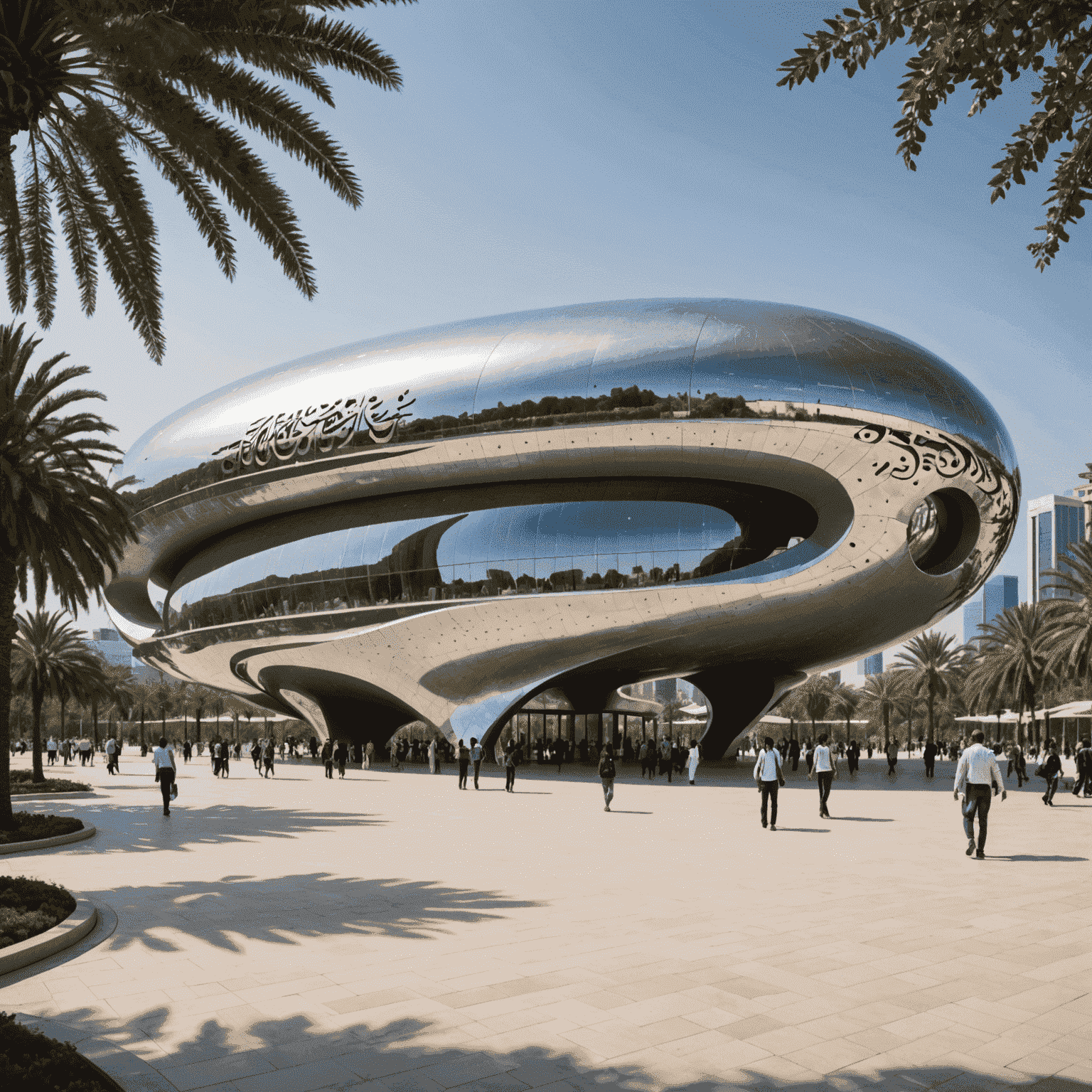 The striking oval shape of the Museum of the Future, its stainless steel exterior adorned with Arabic calligraphy